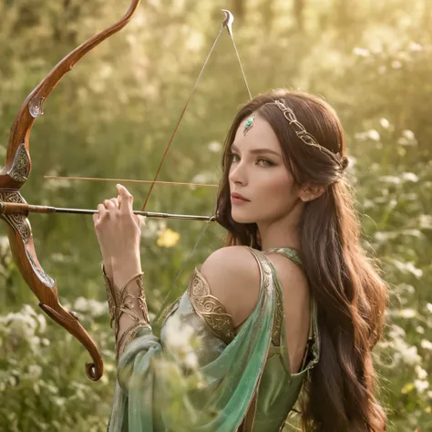 The elven princess leaned against the emerald grass，She was armed with a bow and arrow，Gaze into the distance。Her long hair flowed，A golden glow shimmers in the sunlight。The surrounding flowers bloom with colorful colors，A gentle breeze blows the leaves，Fa...