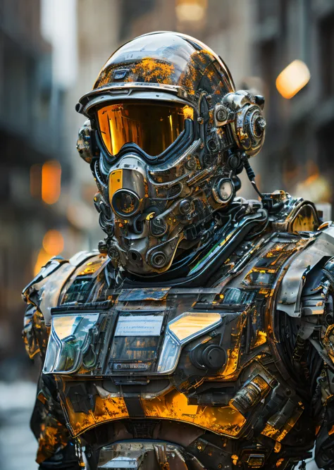 Portrait photo of transparent camo worn mech suit, ((light bokeh)), intricate, ((translucent) liquid water [rust]), elegant, sharp focus, photo by greg rutkowski, soft lighting, vibrant colors, masterpiece, ((streets)), detailed face