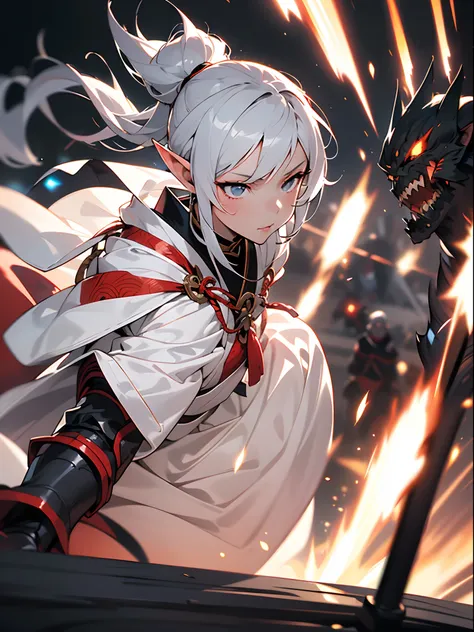 ((jpn)),((Best Quality)),((Beautifully painted)),((hight resolution)),1girl in,Luminescent Beautiful Elf Girl,(((onmyouji))),((suikan)),White cloak,Luminescent bushy silver-haired ponytail,nice hand, Perfect hands,armor,((Fight with black demon monsters in...