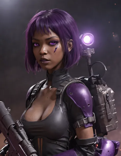 REALISTIC ANIME STYLE, JAPANESE ANIME, REAL ANIME, RAGE UNLEASHED, ANGRY, african american youg girl cyborg soldier with PURPLE GRENADES, GRENADES BELT, DARK PURPLE PIG TAILS, glowing purple eyes, CHAINSAW, heavy mecha armor, cybernetic, cyberpunk Assasin,...