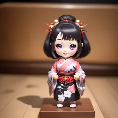 A small anime doll, Depiction of geisha, Inside the blind box, Place on a small pedestal, On a clean white background, Artificial light lighting. The artwork is of top-notch photographic quality, Capture every intricate detail of anime dolls.Purple smile