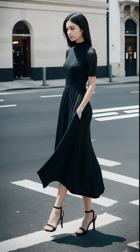 Street photography，black long dress