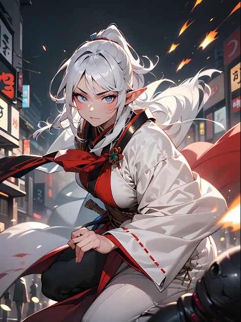 ((jpn)),((Best Quality)),((Beautifully painted)),((hight resolution)),1girl in,Luminescent Beautiful Elf Girl,(((onmyouji))),((suikan)),White cloak,Luminescent bushy silver-haired ponytail,nice hand, Perfect hands,armor,((Fight with black demon monsters in...