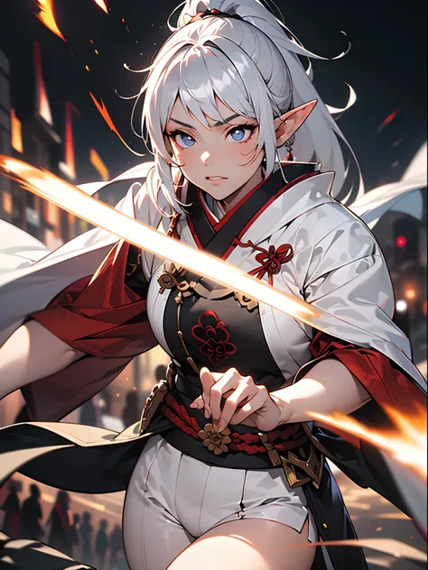 ((jpn)),((Best Quality)),((Beautifully painted)),((hight resolution)),1girl in,Luminescent Beautiful Elf Girl,(((onmyouji))),((suikan)),White cloak,Luminescent bushy silver-haired ponytail,nice hand, Perfect hands,armor,((Fight with black demon monsters in...