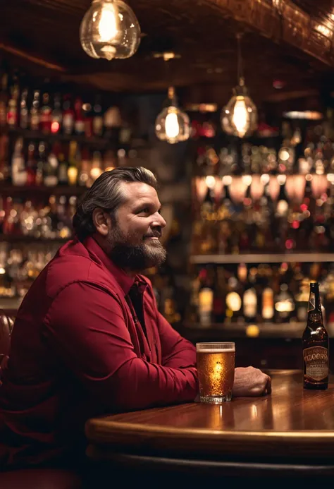 Create an ultra-realistic 8K photo depicting a man with obesity seated inside a cozy, dimly lit bar. He should be captured in the midst of savoring a cold beer, with the amber liquid and condensation on the glass visible. The man should be dressed in vivid...