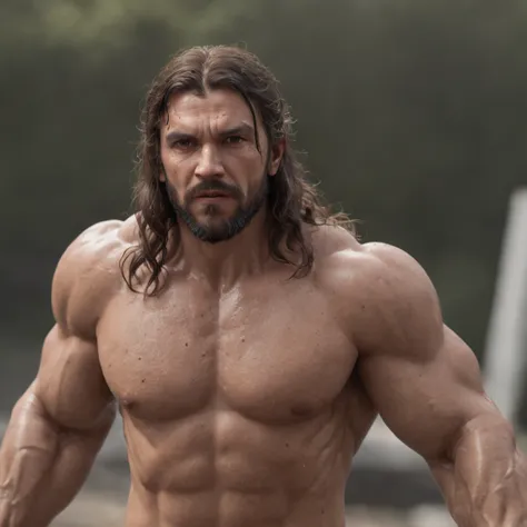 (Professional 3D rendering:1.3) de (Realistic:1.3) Foto de arte mais bonita do mundo，Features soft, bright male heroes, ((Epic hero fantasy rough muscular man wet hero angry look long hair short beard and fierce expression in dynamic pose, fantastic locati...