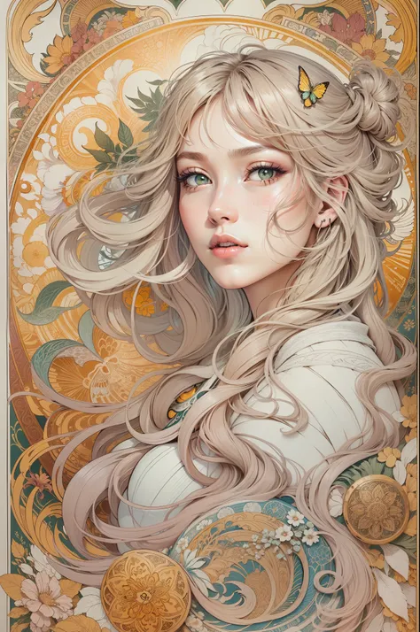 "Genshin, light hair, book page colorful art, white background, line art, clean line art, Nature-themed coloring mandala, simple and clean line art, coloring book page, adorned in Art Nouveau style, with a touch of Alfons Muchas brushstroke, perfect intric...