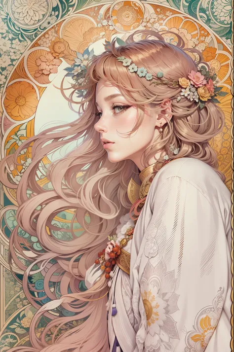 "Genshin, light hair, book page colorful art, white background, line art, clean line art, Nature-themed coloring mandala, simple and clean line art, coloring book page, adorned in Art Nouveau style, with a touch of Alfons Muchas brushstroke, perfect intric...