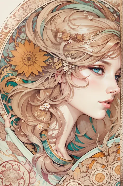 "Genshin, light hair, book page colorful art, white background, line art, clean line art, Nature-themed coloring mandala, simple and clean line art, coloring book page, adorned in Art Nouveau style, with a touch of Alfons Muchas brushstroke, perfect intric...