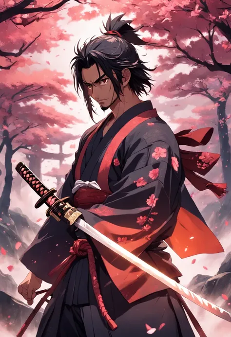 Felipe Eyng como um samurai, katana ornamental, armadura negra, sombrio, barba, best quality, bloodthirsty