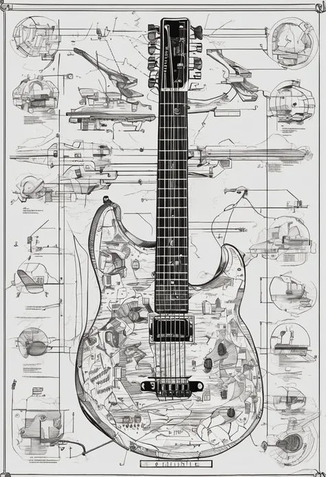 A graphic design poster of the isometric detailed blueprint of a guitar patent illustration, no text 1 9 9 0, poster design, japan graphic comics manga art illustration, silkscreen risograph, greyscale monochrome, high contrast