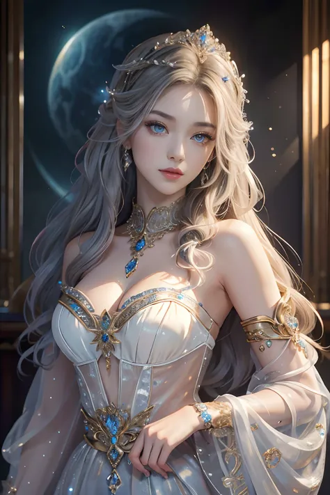 tmasterpiece，highest image quality，a beautiful bust of a noble maiden，delicate silver hairstyle，clear golden eyes，embellished wi...