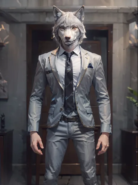 (((fullbody image、Standing posture)))、(Full body wolf standing upright in luxury business suit、Humanoid Wolf、Cool anthropomorphic wolf with long legs)、​masterpiece, top-quality, in 8K , intricate detailes, ultra-detailliert , light Particle、32K Digital Pai...