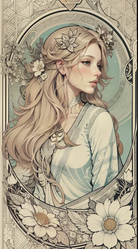 Genshin, light hair, tarot card art, white background, line art, clean line art, Nature-themed coloring mandala, simple and clean line art, coloring book page, adorned in Art Nouveau style, Alfons Mucha, perfect intricate details, realistic.