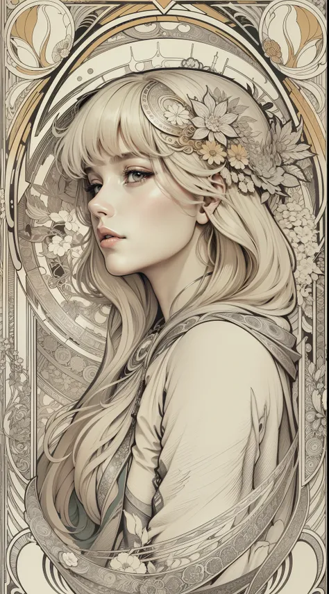 Genshin, light hair, tarot card art, white background, line art, clean line art, Nature-themed coloring mandala, simple and clean line art, coloring book page, adorned in Art Nouveau style, Alfons Mucha, perfect intricate details, realistic.