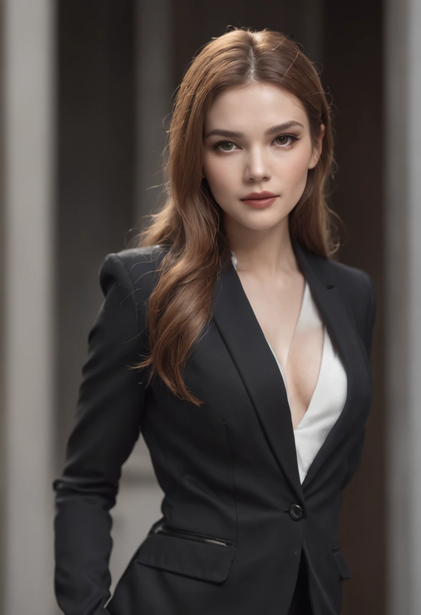 (beautiful woman in black suit without tie), (European), attractive appearance, long golden hair, stylish and stylish, shaved body in suit, showy body, (top) high quality and real picture), in the background Dark black and light image, cinematic style, (be...