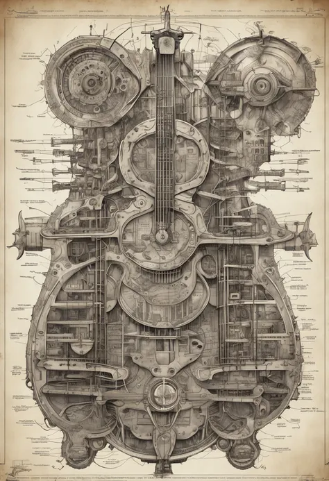 Hyperdetailed epic guitar cross-section, schematic diagram ink on medieval blueprint by Enki Bilal Vladislav Ociacia Ismail Inceoglu, bizarre gourd biomechanical complex hyperdetailed intricate mechanical, Codex Atlanticus, Scientific American illustration...