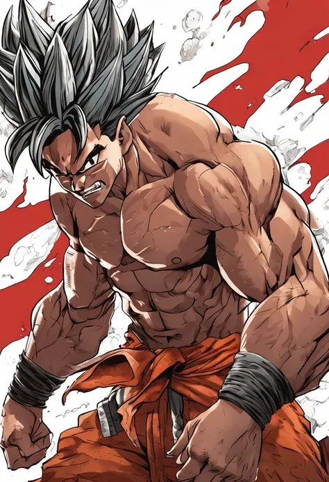 (Foto RAW, melhor qualidade), (Realistic, foto fotorrealista: 1.3), melhor qualidade, altamente detalhado, master part, ultra detalhado, illustration, dragon ball, goku cabelis pretos cabelo longo alto como nos desenhos corpo extremamente musculoso roupas ...