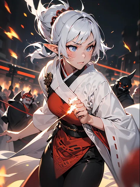 ((jpn)),((Best Quality)),((Beautifully painted)),((hight resolution)),1girl in,Luminescent Beautiful Elf Girl,(((onmyouji))),((suikan)),White cloak,Luminescent bushy silver-haired ponytail,nice hand, Perfect hands,armor,((Fight with black demon monsters in...