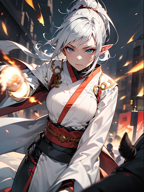 ((jpn)),((Best Quality)),((Beautifully painted)),((hight resolution)),1girl in,Luminescent Beautiful Elf Girl,(((onmyouji))),((suikan)),White cloak,Luminescent bushy silver-haired ponytail,nice hand, Perfect hands,armor,((Fight with black demon monsters in...