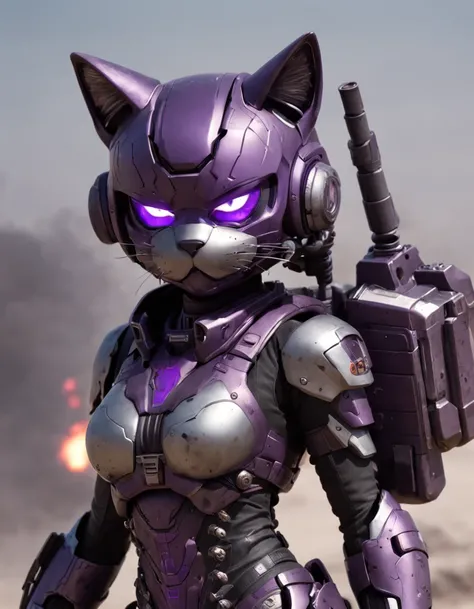 REALISTIC ANIME STYLE, JAPANESE ANIME, REAL ANIME, RAGE UNLEASHED, ANGRY, african american  cat face young girl cyborg soldier HEAVY CAT ARMOR, MECHA CAT HELMET, HELLO KITTY with PURPLE GRENADES, GRENADES BELT, DARK PURPLE PIG TAILS, glowing purple eyes, h...