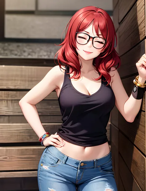 nishikino maki, closed eyes, red hair, lipstick,red tank top, denim pants,low waist pants,glasses, bracelet, cleavage, realistic...