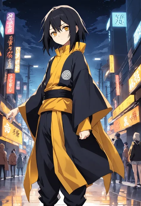 ninja no estilo do anime naruto, usando um poncho preto, cabelo legal, cicatriz no olho, cabelo preto e amarelo, black trousers, bandana, rinegan amarelo no olho direito, luvas pretas, chidori in the left hand