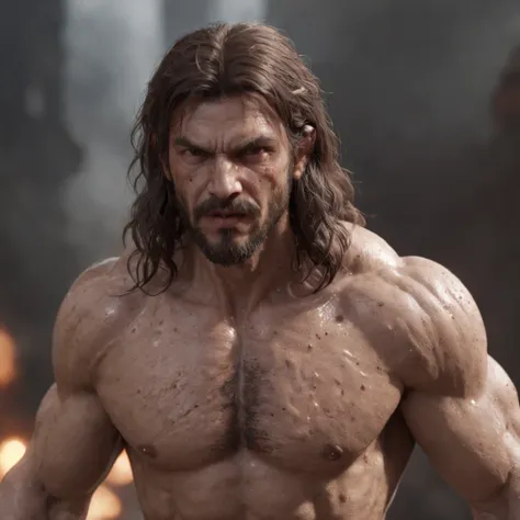 (professional 3d render:1.3) af (Realistic:1.3) most beautiful artwork photo in the world，Features soft and shiny male heroes, ((Epic hero fantasy muscle man rough wet hero angry look long hair short beard and ferocious expression in dynamic pose, Fantasti...