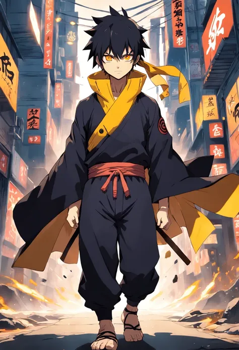 ninja no estilo do anime naruto, anime man, usando um poncho preto, cabelo legal, cicatriz no olho, cabelo preto e amarelo, black trousers, bandana, rinegan amarelo no olho direito, luvas pretas, Chidori in the left hand, vila ninja no background