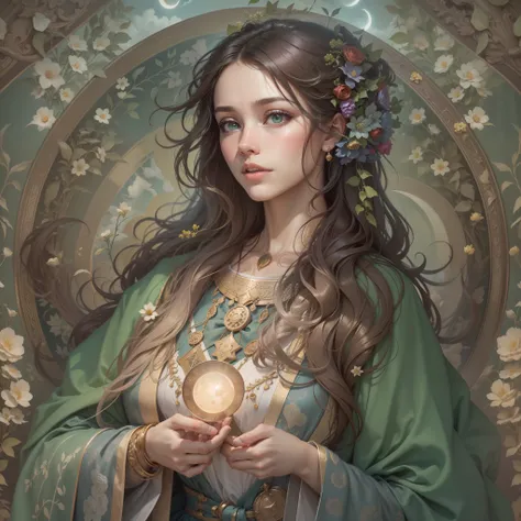 1 girl，woman, upper body，Green eyes，european woman face portrait，long shapeless hair, Shiny skin, Detailed face, wearing patterned robe， Sumeru，Clouds, moon，tarot card layout，Best quality, Masterpiece, (Realistic:0.6), Realistic lighting,Flower frame， Deco...