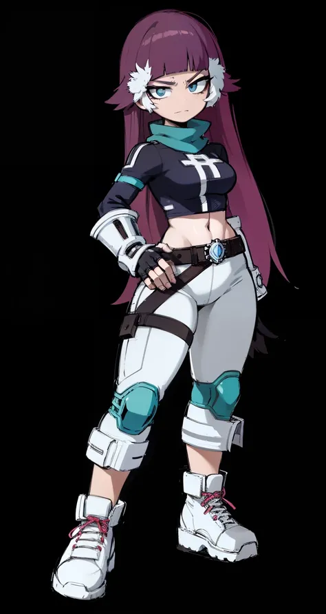 My Hero Academia style, anime Girl, female, trending on artstation pixiv, (full body shot:0.5), wide hips, wide thighs, medium breast, Long hair, pixie bangs, dark purple hair, blue eyes, hero outfit, full body outfit, black outfit with white pants and exp...