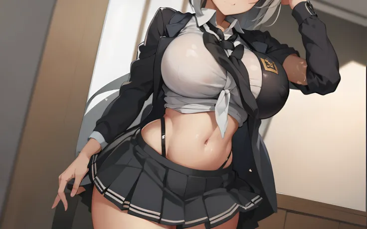 anime girl with a big breasts in a skirt and a tie, hyperrealistic schoolgirl, a hyperrealistic schoolgirl, realistic schoolgirl, kantai collection style, happy!!!, highly_detailed!!, oppai, school girl, 2b, 2 b, small curvy girl, hyperdetailed!!, nsfw, mi...