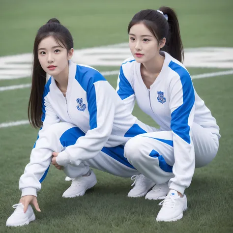 1 very beautiful female high school student，Wear blue and white tracksuits，Kneel on the grass of a football field and play with the ball，（Kneel on the grass:1.0），Super high value，perfect body figure，Beautiful short ponytail，Delicate hair，Fair face and skin...