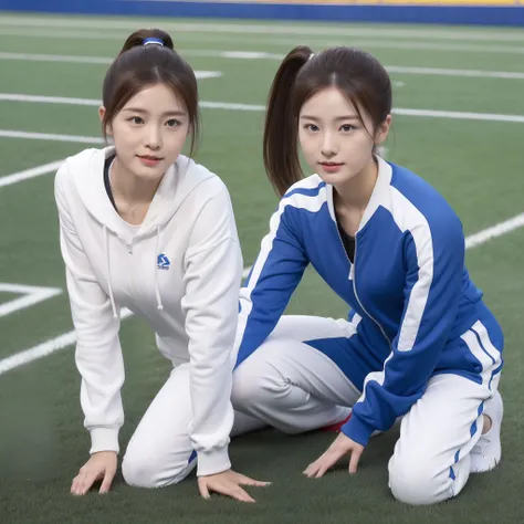 1 very beautiful female high school student，Wear blue and white tracksuits，Kneel on the grass of a football field and play with the ball，（Kneel on the grass:1.0），Super high value，perfect body figure，Beautiful short ponytail，Delicate hair，Fair face and skin...