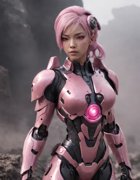 REALISTIC ANIME STYLE, JAPANESE ANIME, REAL ANIME, RAGE UNLEASHED, ANGRY, afro asian cute woman cyborg soldier HEAVY CYBERNETIC ARMOR, NEON PINK SNIPER RIFFLE, glowing PINK eyes, heavy mecha armor, cybernetic, cyberpunk SNIPER, on planet venus, wasteland, ...