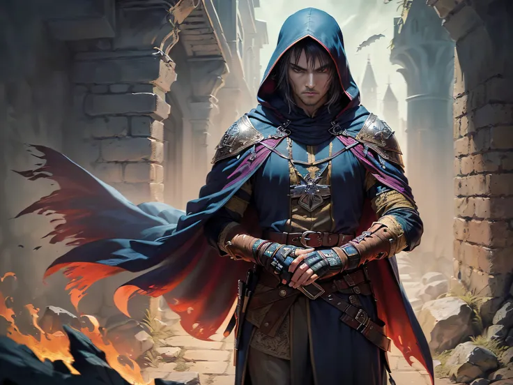 (superfine illustration, Best Quality, Ultra-detailed, correct depiction, Perfect fingers, Perfect hands, medieval fantasy:1.5), (dreadful assassin, male focus, solo:1.5), (pounce on viewer:1.5), expressionless, (assassins costume, assassins cloak, fingerl...