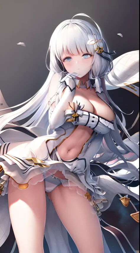 masterpiece, best quality, illustrious (azur lane), 1girl, blue eyes, wihte hair, very long hair, hair ornament, breasts, white dress, detached collar, bare shoulders, navel, elbow gloves, mole under eye, white footwear, cowboy shot, simple background,side...