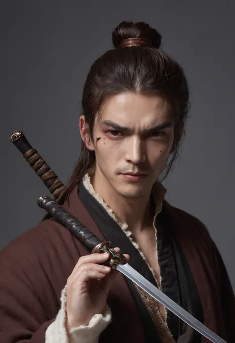 Male, tall, structured face, long brown hair tied up in a half bun, dark eyebags, scar on left eyebrow, strong eyebrows, looks moody, broad shoulders, wielding a spectral sword, mage, dark turtleneck robe, fantasy, masterpiece, 4k, bloom, anatomically corr...