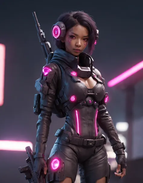 REALISTIC ANIME STYLE, JAPANESE ANIME, REAL ANIME, RAGE UNLEASHED, CRAZY SMILE, HAPPY, INSANE, afro asian cute woman cyborg soldier HEAVY CYBERNETIC ARMOR, NEON PINK SNIPER RIFFLE, SNIPER RIFLE glowing PINK eyes,BIG COOL CYBERNETIC HOODIE JACKET WITH NEON ...