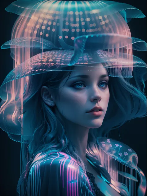 hologram of a Hybrid of a woman with the jellyfish, pixelated, blue colour pallete, on a black background, photo real, 35mm film photography