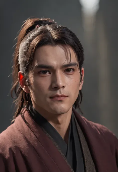 Male, tall, structured face, long brown hair tied up in a half bun, dark eyebags, scar on left eyebrow, strong eyebrows, looks moody, broad shoulders, mage, dark turtleneck robe, fantasy, masterpiece, 4k, bloom, anatomically correct, highly detailed