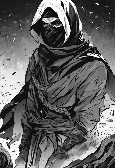 A ninja with a scarf on his face, cabelos a mostra, cabelo legal, Armadura preta, sombrio, , bloodthirsty