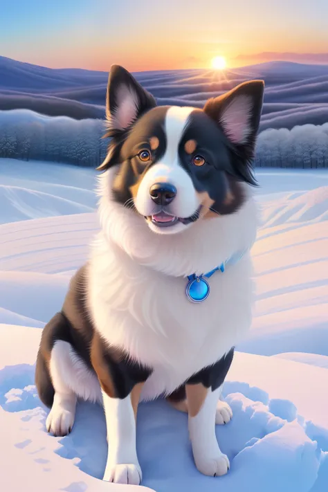 (A hyper-realistic)、(illustratio)、(hight resolution)、(8k picture)、(ighly detailed、（pup）、（Border collie）、（1animal）、Drive through the snowy fields、Dawn background、Soft lighting from the top right、roundly eyes、blue-sky、reallistic、Fluffy fur