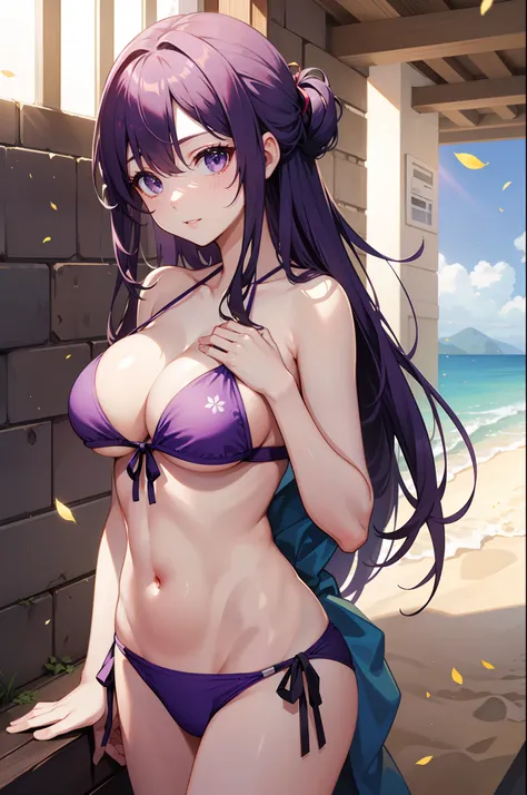 realisitic、top-quality、女の子 1 人、Purple hair、Natural eye color、maikurobikini、beautiful boob 、sand beach、Particles of light、profetional lighting、llight rays、wall-paper、