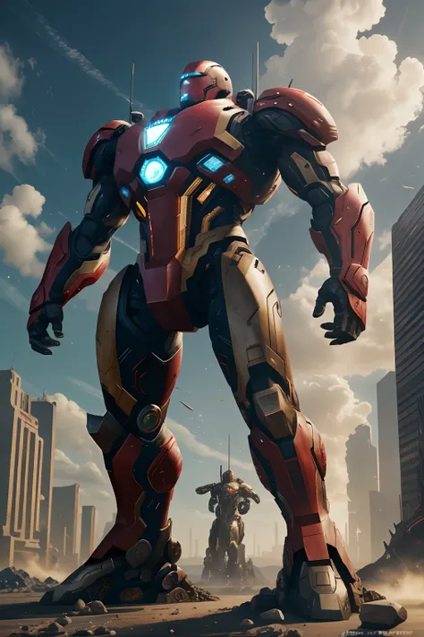 Very giant Android as Marvels war machine, em vista de corpo inteiro nas cores vermelho e prata, em uma cidade futurista, Hyperealista, 8k, design complexo e real