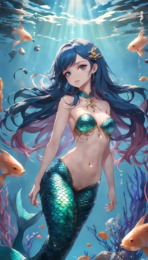 1 mermaid（slender fish tail、Full body standing painting）、独奏，Metal waist chain，Shell decoration，high detal，cinematic colorgrade，超高分辨率，Sharp focus，tmasterpiece，hdr，8K，（The is very detailed的 CG unified 8k 壁纸）