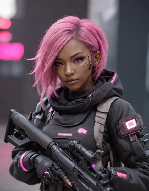 REALISTIC ANIME STYLE, JAPANESE ANIME, REAL ANIME, RAGE UNLEASHED, CRAZY SMILE, HAPPY, INSANE, afro asian cute woman cyborg soldier HEAVY CYBERNETIC ARMOR, NEON PINK SNIPER RIFFLE, SNIPER RIFLE glowing PINK eyes,BIG COOL CYBERNETIC HOODIE JACKET WITH NEON ...