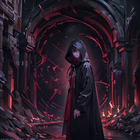 ((top-quality)), ((masterpiece)), ((ultra-detailliert)),(8k wallpaper:1.2),(Ultra-high resolution:1.2),(masterpiece:1.1),wallpaper,High quality,masterpiece,(High detail),1man, wearing a dark black hooded cloak, wearing a skull mask,red eyes, exploring a du...