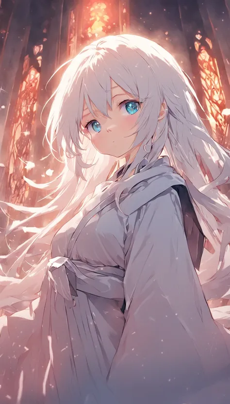 1girl, best quality, priest, stole, white hair, blue eyes, anime style