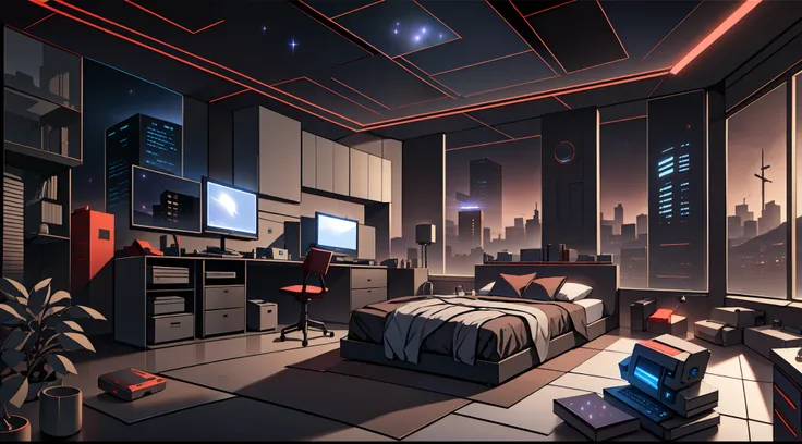 Warm Light Source Cyberpunk Calm Night Tech Bedroom Computer Desk Microphone Light Computer Water Dispenser Small Fluorescent Starry Sky Smooth Floor Red Fox Deconstructivism Fragmentation Gorgeous Sculptures Floor-to-ceiling windows Lightweight Bed Camera...